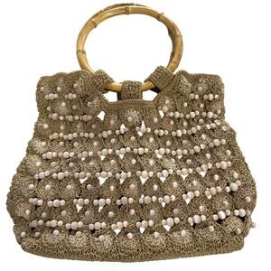 Vintage August Tan Crochet Pink Beaded and Bamboo Handle Boho Handbag Purse EUC